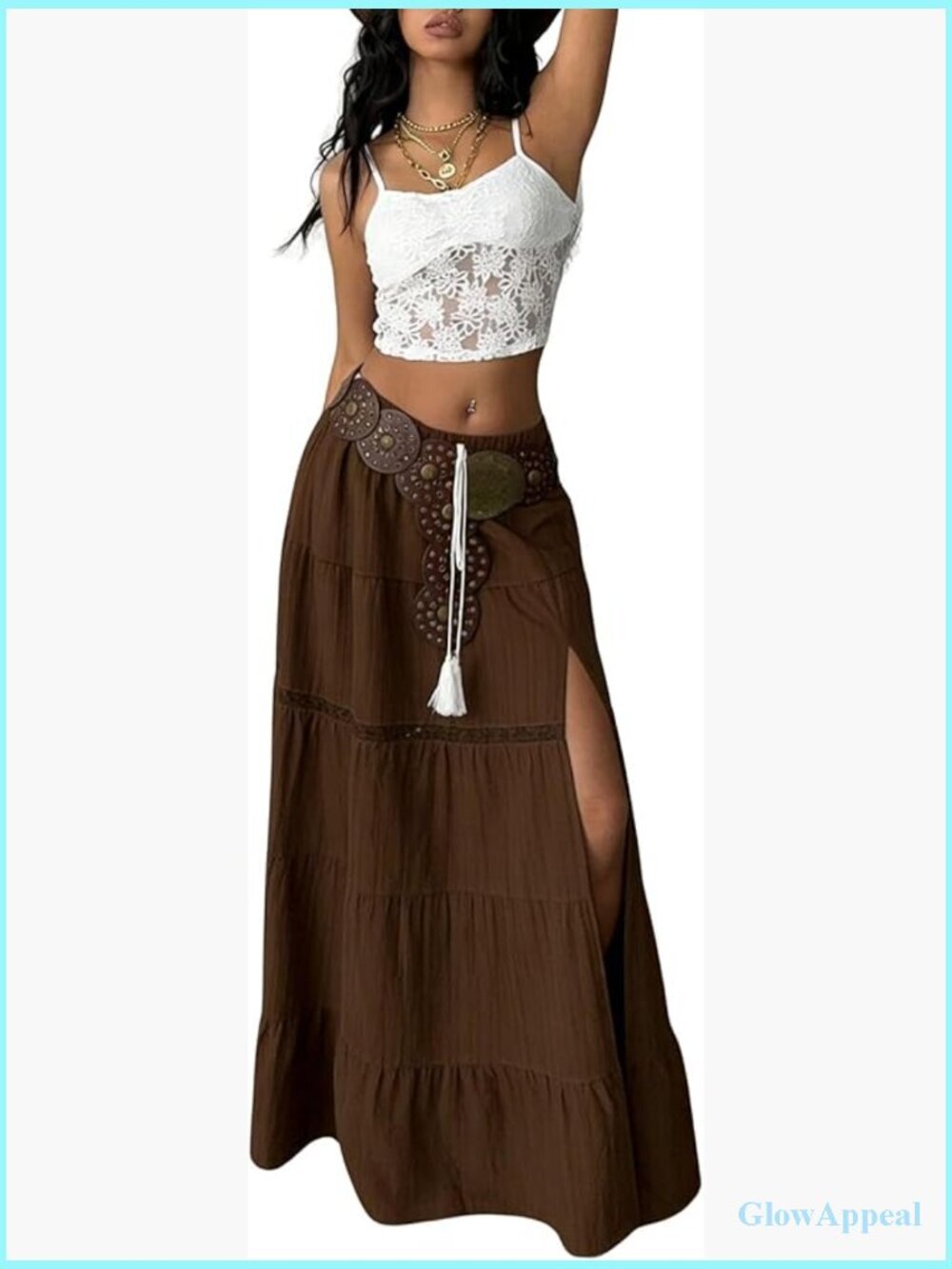 Maxi Skirt with Lace Ruffle Trim High Slit Bohemian Western